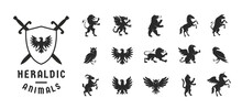 Heraldic Animals Set. Animals Elements  For Coat Of Arms, Crest Design. Heraldic Symbols. Dragon, Goat, Owl, Lion, Eagle, Raven, Griffin, Cat, Horse, Bear Silhouettes. Vector Illustration. 