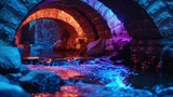 A dynamic, flashing LED light show under water, illuminating the stone bridge in a lively and playful manner, with colors changing rhythmically.