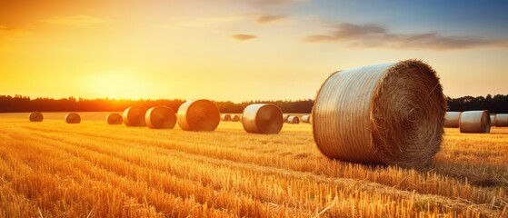 Wall Mural - Sunset Over Field of Hay Bales