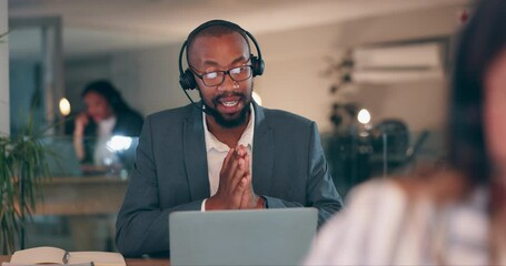 Sticker - Man, night call center and laptop for customer support, e commerce FAQ or business communication in workspace. African advisor or consultant talking on computer for virtual solution, advice or sales