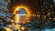 A harmonious blend of cool and warm LED lights under the water, creating a balanced and soothing illumination of the stone bridge