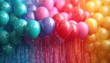 Animation Of Blue, Green, Yellow, Pink And Red Balloons On A Rainbow Background ,generative Ai.