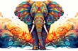  a colorful elephant with tusks standing in front of a white background with a splash of paint on it.