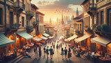 Fototapeta  - Golden Sunset Over a Bustling Historic City Street with Pedestrians and Cafes