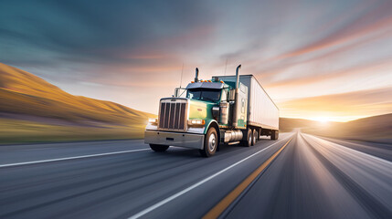 Wall Mural - Big rig trucking at dusk, transport logistics, highway travel, sunset backdrop, freight industry, dynamic motion, cross-country, commercial delivery.