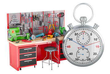 Wall Mural - Stopwatch and Maintenance Work Table full of construction tools and equipment, 3D rendering isolated on transparent background