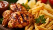 Close-up of succulent grilled chicken breasts served with golden fries