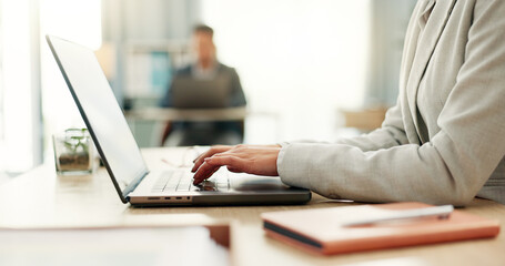 Poster - Hands of woman at desk, laptop and typing in coworking space, research and online schedule at consulting agency. Office, admin business and girl at computer writing email review, feedback or report.