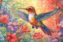  A Painting Of A Hummingbird In Flight With Flowers In The Background And Swirls And Swirls In The Foreground.