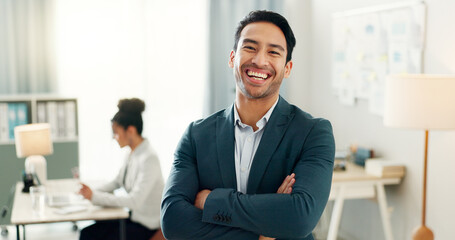 Leinwandbilder - Portrait of man with smile, confidence and coworking space, manager for online research and consulting agency. Office, happiness and businessman with arms crossed, leadership and entrepreneur at work