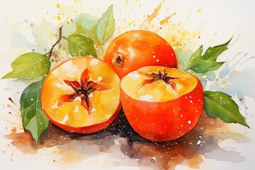 Wall Mural - Watercolor illustration of juicy ripe persimmon fruit with aquarelle splashes and spots. Concepts of fresh fruit, healthy snack, natural food, watercolour art