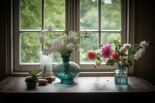 A Vase Of Flowers On A Table Near A Window, With Another Vase Of Flowers In Front Of It And One More In Front Of The Window, Accompanied By Leaves. Generative AI