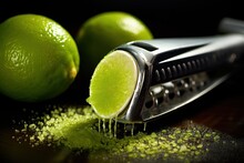  A Close Up Of A Slice Of Lime On A Table With A Grater And Two Limes In The Background.