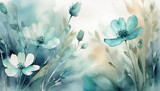 Fototapeta Kwiaty - Pastelowa akwarela, zielone kwiaty, tapeta, dekoracja. Generative AI