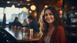 Woman Smiling at Bar, Posing for Camera With Joyful Expression. Generative AI.