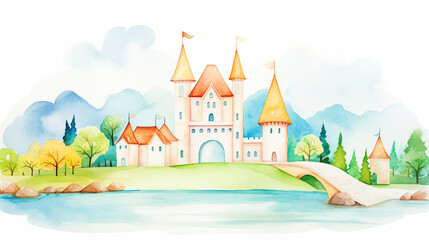 Whimsical Disney-like castle surrounded by charming European village cartoon drawing, Water color style, AI Generated