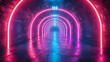 Dark room with abstract neon lights and laser lines, creating a glowing tunnel background