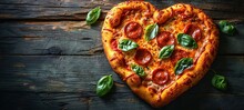 Heart Shaped Pizza On Vintage Wooden Background. The Concept Of Romantic Love For Valentine's Day