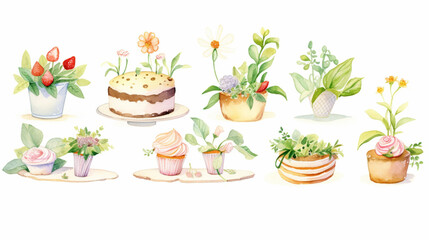 Wall Mural - Herbs and cakes, Cartoon drawing, Water color style, AI Generated