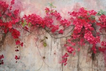  A Painting Of Pink Flowers And Vines On A White And Pink Wall With A Pink Sky In The Back Ground.