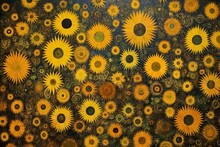  A Painting Of Many Yellow Sunflowers On A Brown And Green Background With A Black Circle In The Center Of The Picture.
