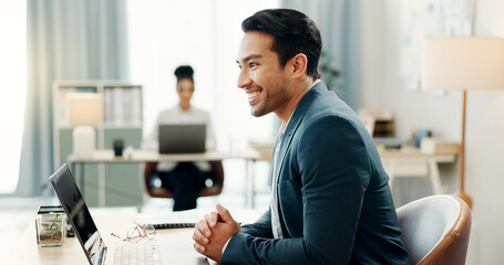 Fototapete - Laptop, typing and happy asian business man in office smile for email, planning or feedback report in coworking space. Online, review and Japanese male manager with proposal, research or satisfaction