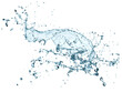 Blue water splash with drops on white background