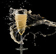 Champagne glass splash on black background