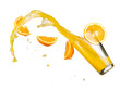 Orange juice with fresh orange slices splash from a glass on white background