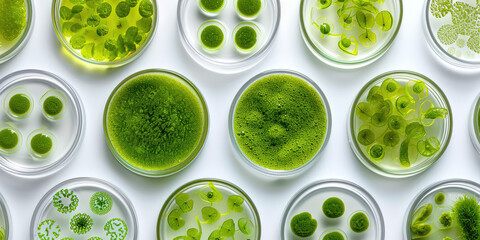 Microalgae Variety in Laboratory Petri Dishes wallpaper pattern. Top view of diverse green microalgae samples in scientific petri dishes on white background.