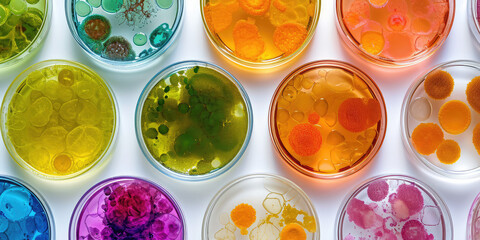 Wall Mural - Microalgae Variety in Laboratory Petri Dishes wallpaper pattern. Top view of diverse multicolored microalgae samples in scientific petri dishes on white background.