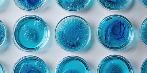 Wall Mural - Microalgae Variety in Laboratory Petri Dishes wallpaper pattern. Top view of diverse blue microalgae samples in scientific petri dishes on white background.