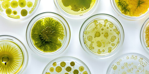 Wall Mural - Microalgae Variety in Laboratory Petri Dishes wallpaper pattern. Top view of diverse green microalgae samples in scientific petri dishes on white background.