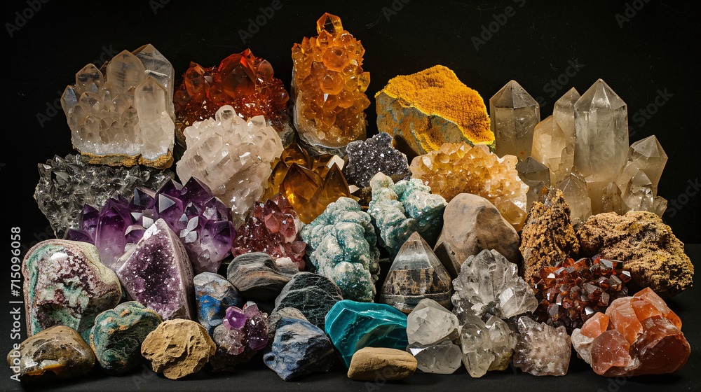 Variety of natural crystals on dark background. Collection of gemstones ...