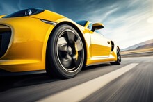  A Close Up Of A Yellow Sports Car Driving On A Road With A Blue Sky And Clouds In The Background.