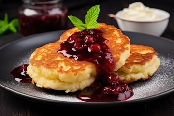  a black plate topped with two pancakes covered in blueberry compote sauce and a sprig of mint.