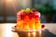 Red yellow jelly adorned with raspberries. Sweet fruit dessert. For use in culinary websites, food blogs, catering services, recipe books, and dessert menus. Light blurred background.
