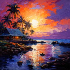 Wall Mural -  a painting of a sunset over a body of water with palm trees and a hut on the shore of a tropical island.