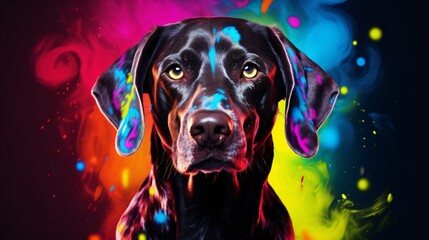 Poster - dog with headphones and notes,labradorite to colored paint on a multi-colored background
