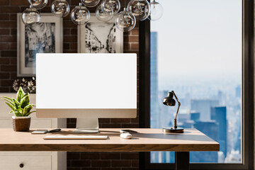 frontal view on modern clean pc workplace; white monitor with copy space; minimalist office background with panoramic view on big city skyline; digital home office concept; 3D rendering