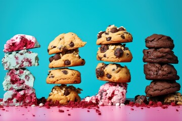 Wall Mural -  a pile of cookies and ice cream sitting next to each other on top of a pink and blue tablecloth.