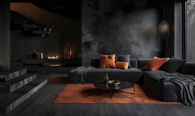 Poster - living room with grey wall and brown leather sofa. modern living room with sofa