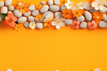 Wall Mural -  a yellow background with white, orange, and pink flowers and rocks on top of each other and a place for text.