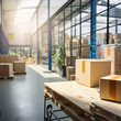 Modern logistic office inside a bright and organized warehouse facility, warehouse interior, transportation hub and distribution center