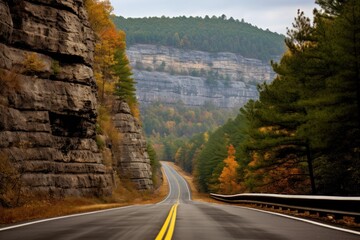 Wall Mural -  a road in the middle of a mountain with trees on both sides of the road and a cliff on the other side of the road.