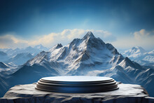 3d Podium On Top Among The Mountains. Podium, Stage For Product Presentation. Generated By Artificial Intelligence