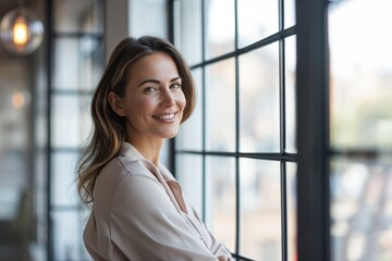 Wall Mural - wealthy female young businesswoman looking away with optimism thinking in future investments and ventures