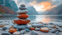 Zen Stones On The Beach. Stack Of Rocks On The Beach By A Mountain Lake