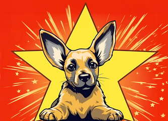 Bow wow retro pop art dog posing in front of bright yellow star.  Vector illustration in retro comic style. horizontal.