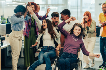 Wall Mural - Diverse inclusive business people making a break while office chair racing